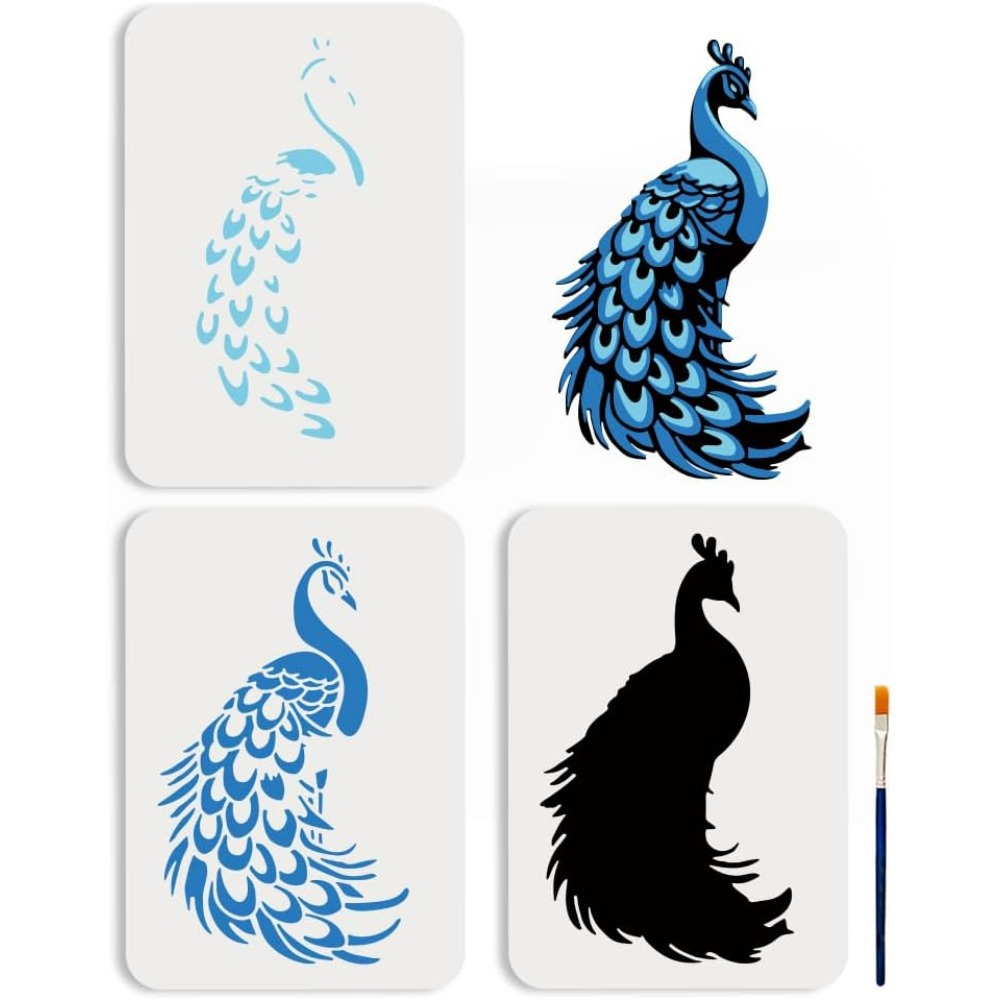Paint Brush - 3ชิ้นชั้นนกยูงS Tencils 11.7x8.3นิ้วนํามาใช้ใหม่ขนนกยูงแม่แบบด้วยแปรงทาสีสัตว์วาดแม่แบบภาพวาด