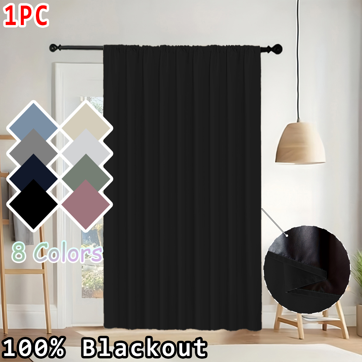 Curtain Rods - ผ้าม่านสีทึบเรียบง่าย 1 ชิ้น ผ้าม่านแบบร็อดพ็อกเก็ต 100% ป้องกันแสง