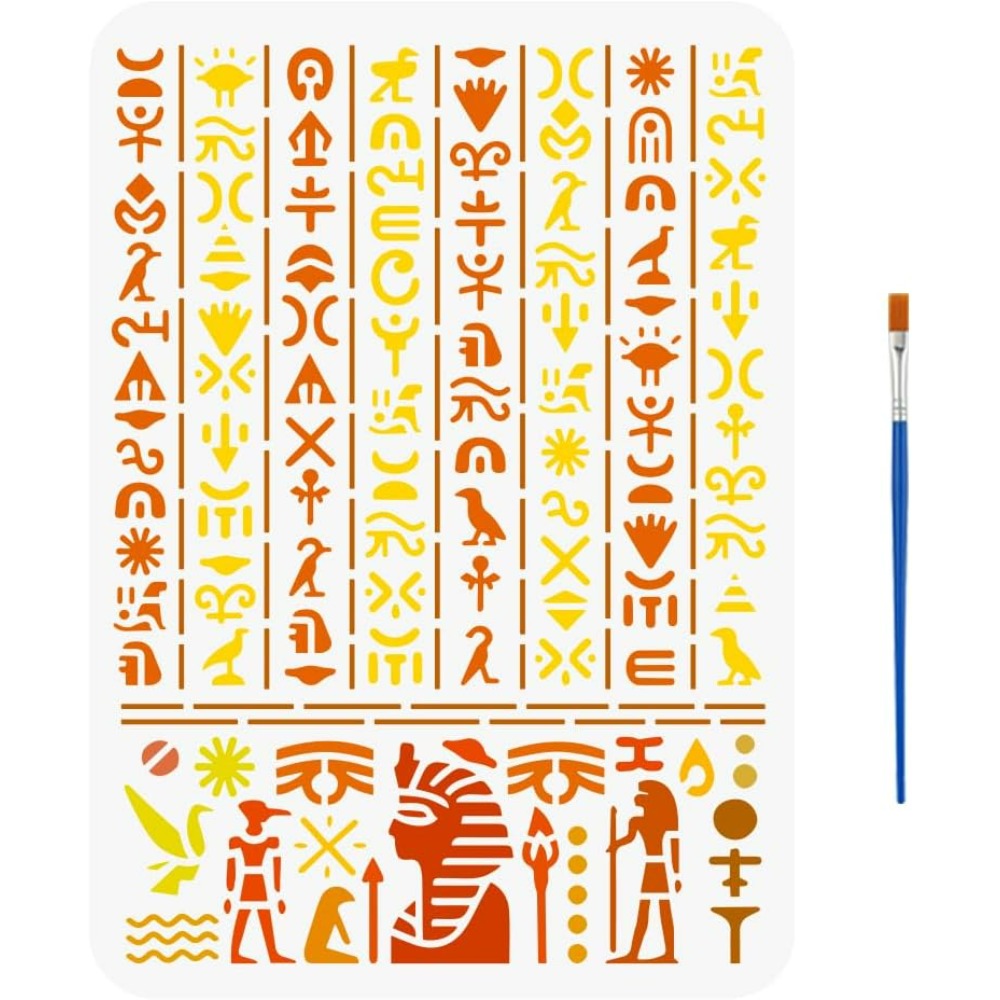 Paint Brush - โบราณอียิปต์สคริปต์ลายฉลุด้วยแปรงทาสี 11.7x8.3 นิ้วอียิปต์สัญลักษณ์ลายฉลุอักษรอียิปต์จิตรกรรมลายฉลุอียิปต์
