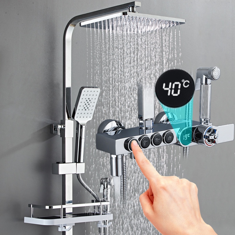 Faucet - ชุดฝักบัวทองเหลืองหรูหราพร้อมจอแสดงผลดิจิตอล LED สีเงิน 4 ปุ่มควบคุม ก๊อกผสมน้ำร้อนน้ำเย็น