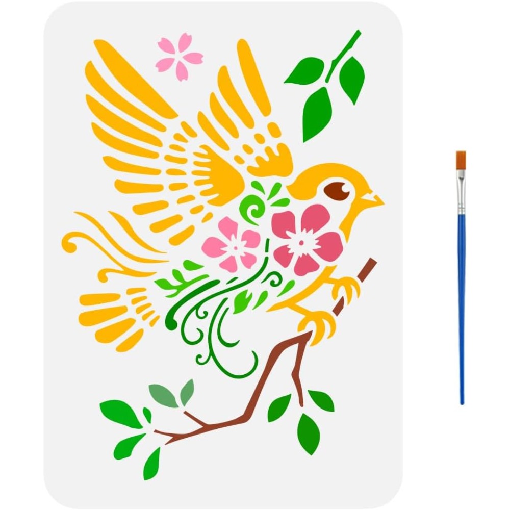 Paint Brush - นกกระจอกบนสาขาวาดลายฉลุด้วยแปรงทาสี 11.7x8.3 นิ้วดอกไม้สาขาภาพวาดแม่แบบรูปแบบนก