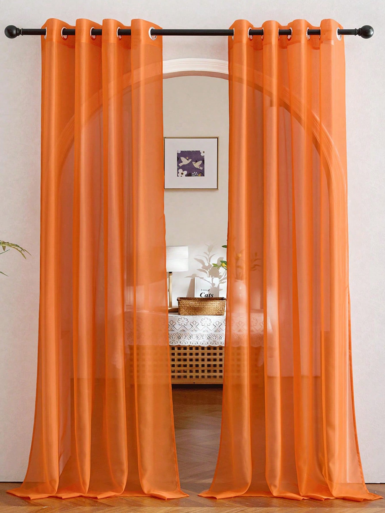 Curtain Rods - ม่านโปร่งแสงสีส้มแบบออร์แกนซ่า 1 ชิ้น ดีไซน์หรูหรา ตกแต่งบ้านสไตล์โมเดิร์น เหมาะสำหรับห้องนอน