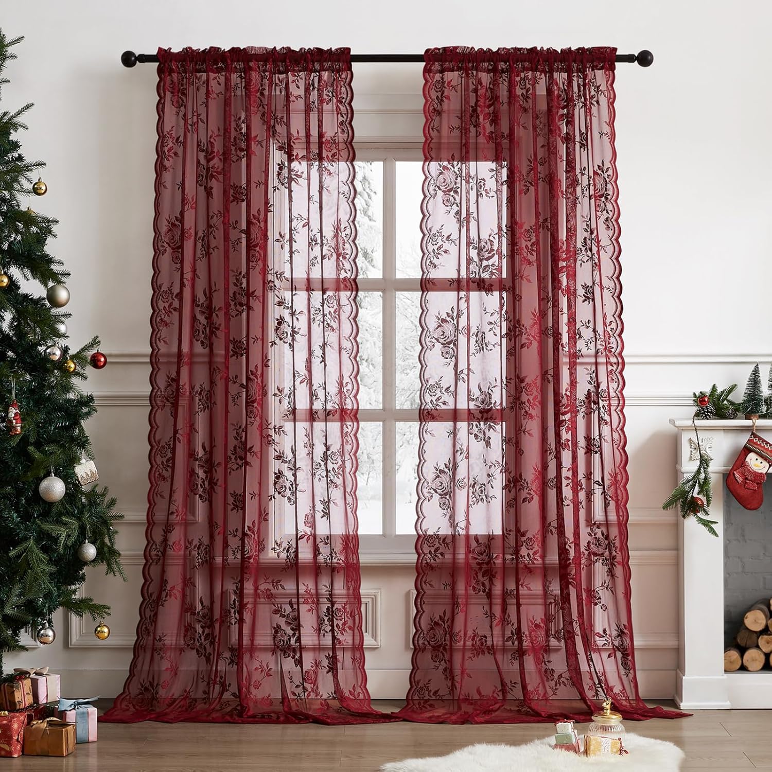 Curtain Rods - ม่านลูกไม้สีเบอร์กันดี 1 ผืน ความยาว 45 นิ้ว