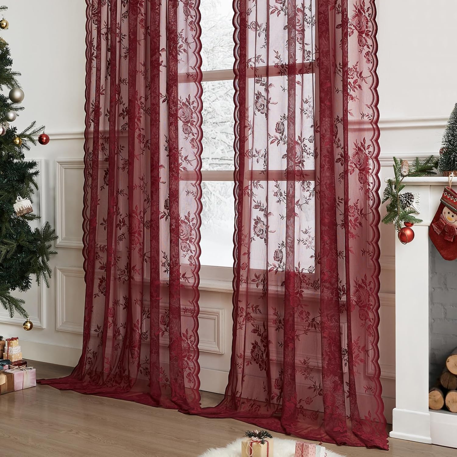 ม่านลูกไม้สีเบอร์กันดี 1 ผืน ค - Curtain Rods บทวิจารณ์และราคา