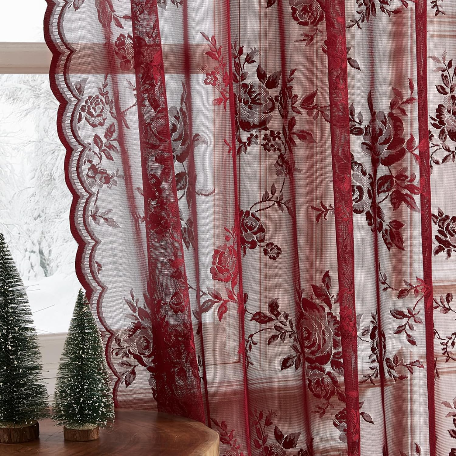 ม่านลูกไม้สีเบอร์กันดี 1 ผืน ค - Curtain Rods บทวิจารณ์และราคา